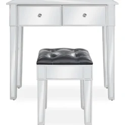 vidaXL Sminkbord>Sminkbord med pall spegellådor MDF och glas