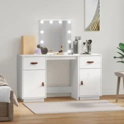 vidaXL Sminkbord>Sminkbord med spegel LED massiv furu