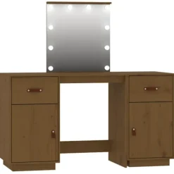 vidaXL Sminkbord>Sminkbord med spegel LED honungs massiv furu