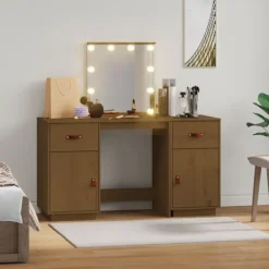 vidaXL Sminkbord>Sminkbord med spegel LED honungs massiv furu