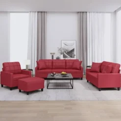 vidaXL Soffor>Soffgrupp med kuddar 4 delar vin konstläder