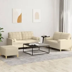 vidaXL Soffor>Soffgrupp med kuddar 3 delar gräddvit tyg