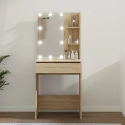vidaXL Sminkbord>Spegelskåp med LED sonoma-ek 60x40x140 cm