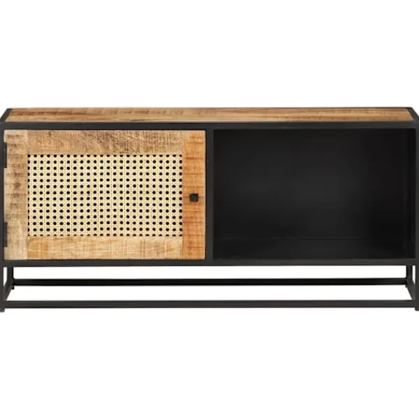 vidaXL Tv-Bänkar>TV-bänk 90x30x40 cm massivt grovt mangoträ och naturlig rotting