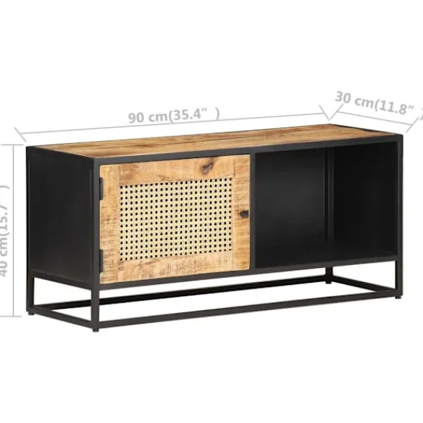 vidaXL Tv-Bänkar>TV-bänk 90x30x40 cm massivt grovt mangoträ och naturlig rotting