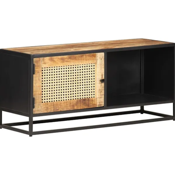 vidaXL Tv-Bänkar>TV-bänk 90x30x40 cm massivt grovt mangoträ och naturlig rotting