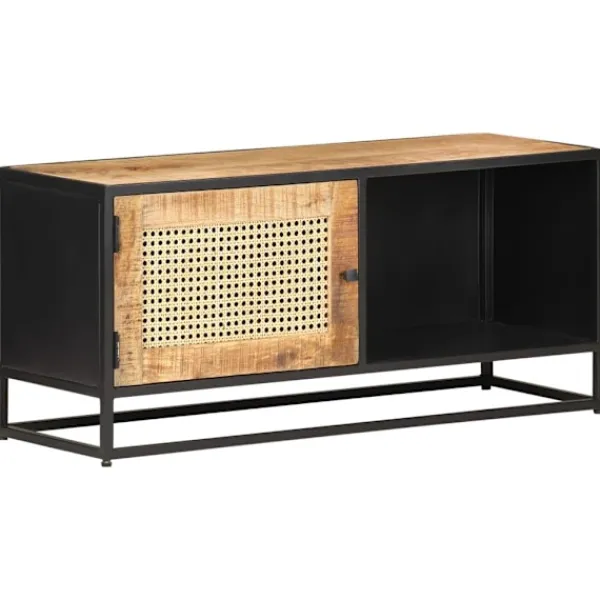 vidaXL Tv-Bänkar>TV-bänk 90x30x40 cm massivt grovt mangoträ och naturlig rotting