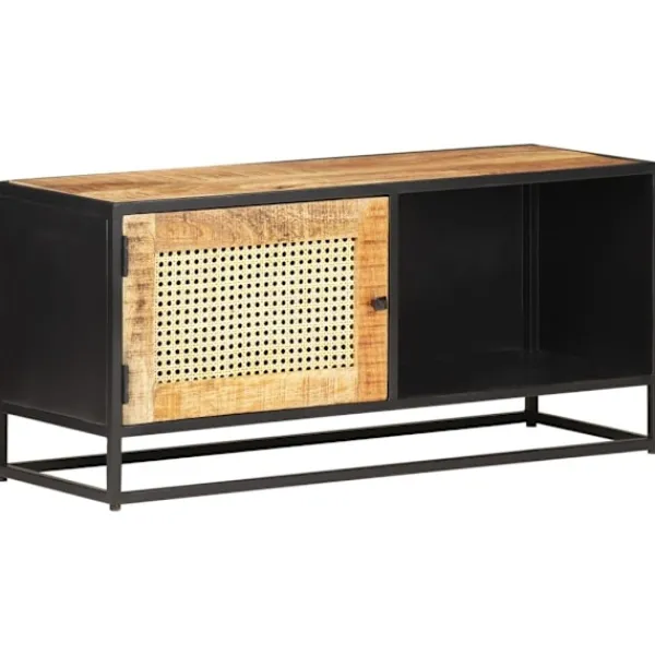 vidaXL Tv-Bänkar>TV-bänk 90x30x40 cm massivt grovt mangoträ och naturlig rotting