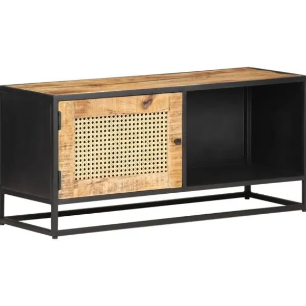 vidaXL Tv-Bänkar>TV-bänk 90x30x40 cm massivt grovt mangoträ och naturlig rotting