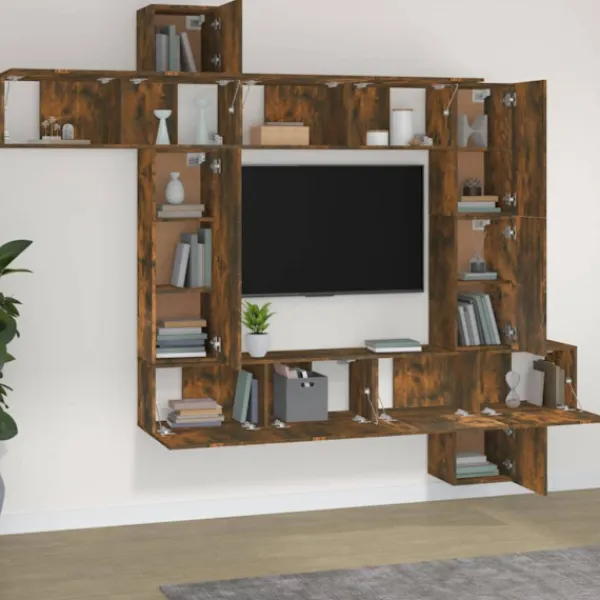 vidaXL Tv-Bänkar>Tv-skåp 9 delar rökfärgad ek konstruerat trä