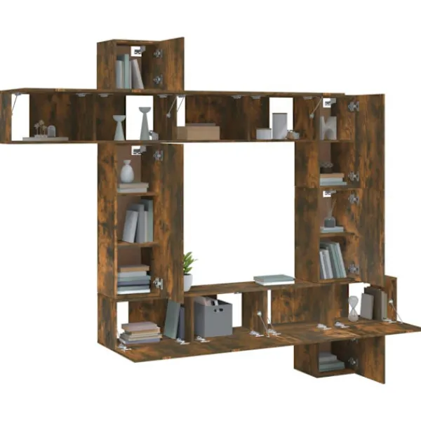 vidaXL Tv-Bänkar>Tv-skåp 9 delar rökfärgad ek konstruerat trä