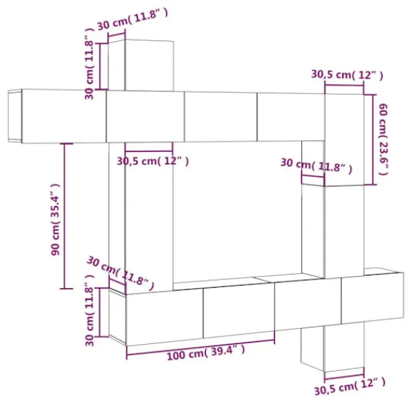 vidaXL Tv-Bänkar>Tv-skåp 9 delar rökfärgad ek konstruerat trä
