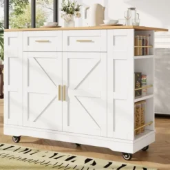 Köksö>Vit multifunktionell köksö med trästruktur – bufféskåp & serveringsvagn med stretchfunktion & integrerat matbord