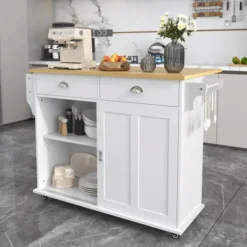 Köksö>Vit serveringsvagn 112cm – Fällbar massiv träskiva & förvaringsdörrar – Med hjul/träfötter för kök/matsal