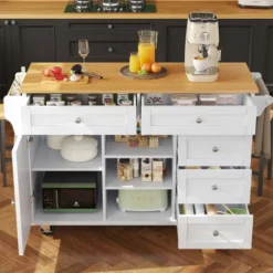 Köksö>Vit serveringsvagn (134x46x92cm) - Lådor & förvaringsskåp, mobil/fast dubbel användning för privata/kommersiella kök