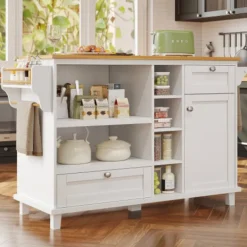 Köksö>Vit serveringsvagn (129x46x92cm) - köksvagn med lådor, förvaringsskåp & ljusbrun träpanel, mobil för moderna lägenheter