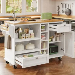 Köksö>Vit serveringsvagn (129x46x92cm) - köksvagn med lådor, förvaringsskåp & ljusbrun träpanel, mobil för moderna lägenheter