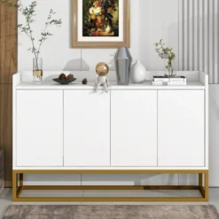 Sideboards>Vit skänk med 4 handtagslösa dörrar – minimalistisk buffé för matsal/vardagsrum/kök
