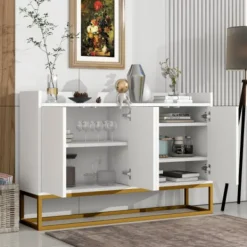 Sideboards>Vit skänk med 4 handtagslösa dörrar – minimalistisk buffé för matsal/vardagsrum/kök