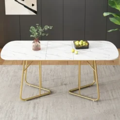 Matbord>Vitt förlängningsbart matbord med marmorstruktur, förgyllda bordsben i metall, förlängningsbart matbord 140/180*80 cm, utsökt lyxstil