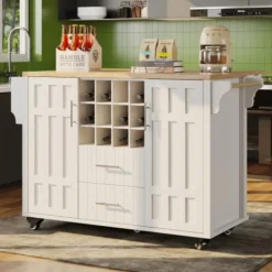 Köksö>Vitt köksö med vinställ & handdukshängare – multifunktionell serveringsvagn med hjul & flyttbara avdelare