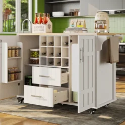 Köksö>Vitt köksö med vinställ & handdukshängare – multifunktionell serveringsvagn med hjul & flyttbara avdelare