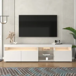Tv-Bänkar>Vitt modernt TV-skåp, ljus panel, variabel LED-belysning, vardags- och matrum 180cm