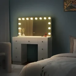 BellaFurn Sminkbord>Vitt sminkbord - toalettbord - LED -belysning, USB -portar