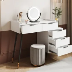 Sminkbord>Vitt sminkbord med justerbar LED-spegel – 5 lådor & sidoskåp – Sminkbord för sovrum (utan stolar)