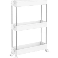Hyllor>3-vånings kökvagn, smal nischhylla på hjul, platsbesparande badrumshylla och kökhylla för kök, kontor, badrum, 40 x 13 x 61 cm, Bl