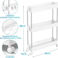 Hyllor>3-vånings kökvagn, smal nischhylla på hjul, platsbesparande badrumshylla och kökhylla för kök, kontor, badrum, 40 x 13 x 61 cm, Bl