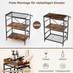 Northix Småbord>3-vånings serveringsvagn köksvagn med avtagbar bricka & handtag 73 x 40 x 94 cm brun + svart