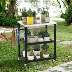 B2X Köksö>3-vånings utomhusgrillvagn med 3 krokar & rostfritt stålplåt & handtag för flera ändamål